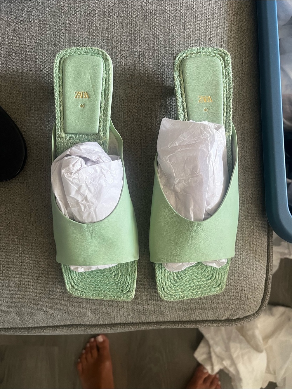 Zara Pastel Green Weaved Square-Toe Slide Mules